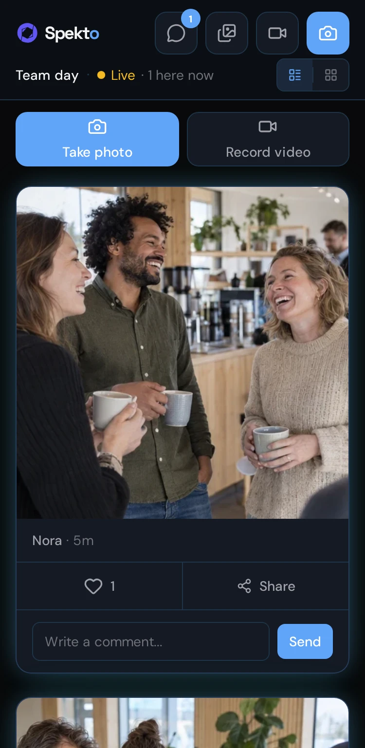 Real Spekto photo feed with photos, likes and comments.
