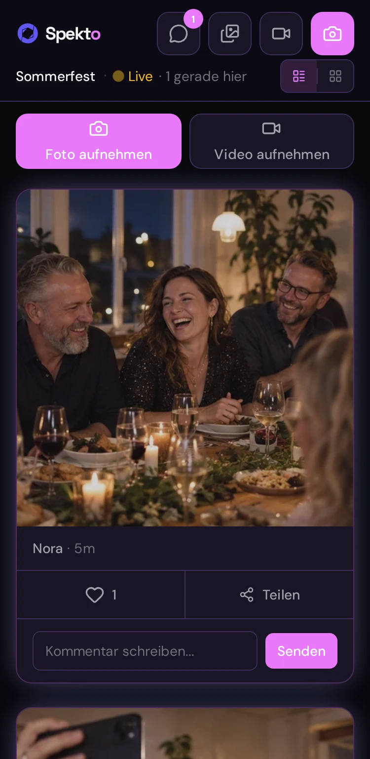 Echter Spekto-Foto-Feed mit Fotos, Likes und Kommentaren.